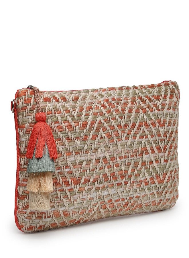 Anekaant Boho Coral & Multi Chevron Self Design Cotton Acrylic Sling Bag - Image 4